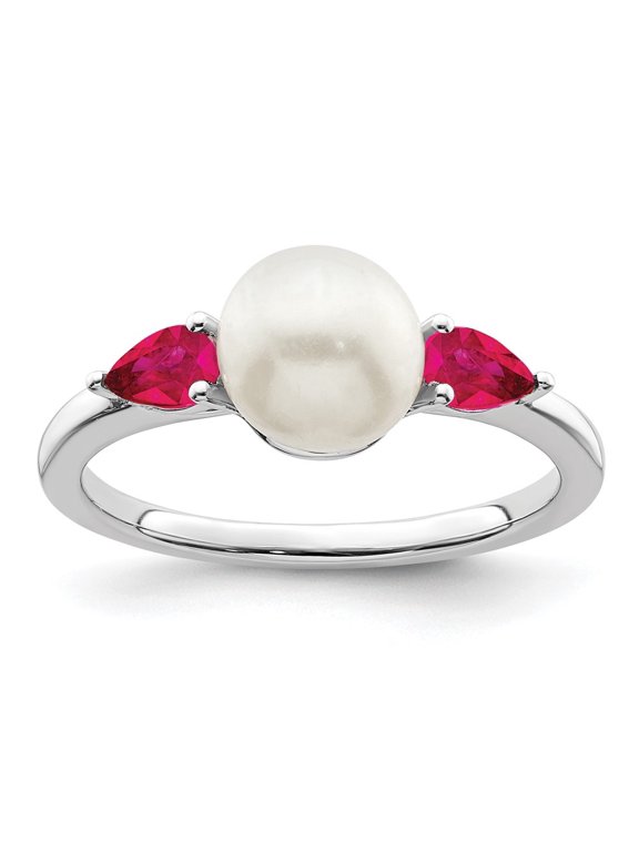 Fine Jewelry 14K White Gold FWC Pearl and Ruby Ring for Women Size 7