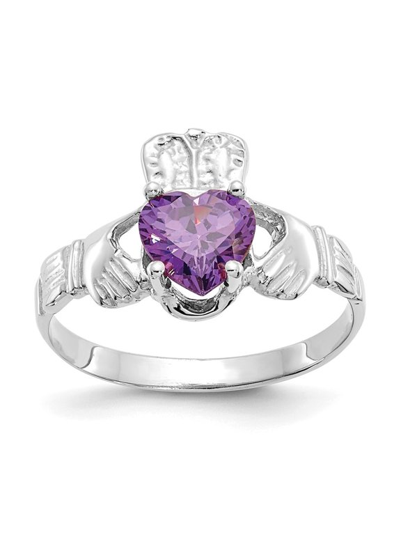Fine Jewelry 14K White Gold February CZ Birthstone Claddagh Ring for Women Size 5