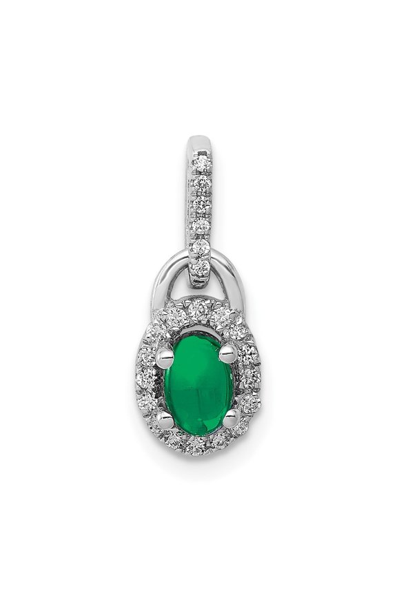 Fine Jewelry 14K White Gold Halo Diamond and Cabochon Emerald Pendant for Women