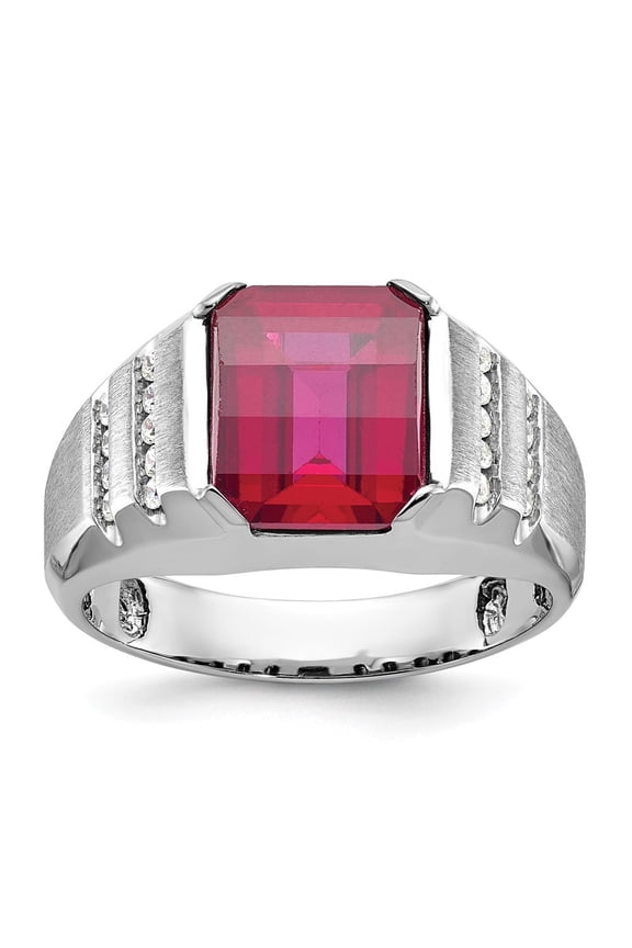 Fine Jewelry 14K White Gold Men's Created Ruby and 1/5 carat Diamond Complete Ring Size 10