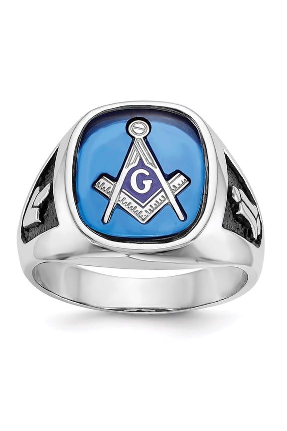 Fine Jewelry 14K White Gold Men's Polished and Textured with Black Enamel and Imitation Blue Spinel Masonic Ring Size 10