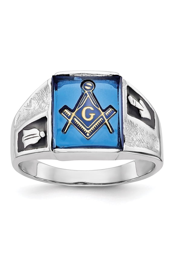 Fine Jewelry 14K White Gold Men's Textured with Black Enamel and Imitation Blue Spinel Masonic Ring Size 10