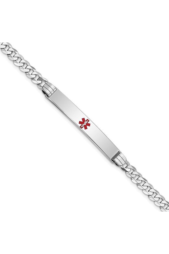Fine Jewelry 14K White Gold Red Enamel Flat Curb Link Id Bracelet 8 inch for Women (L- 8inch, W- 6.5mm)