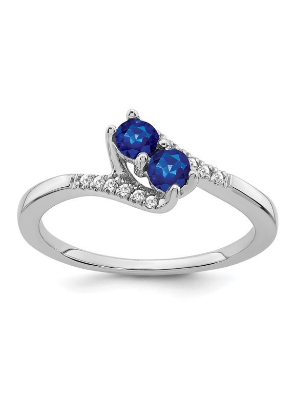 Fine Jewelry 14K White Gold Sapphire and Diamond 2-stone Bypass Ring for Women Size 7