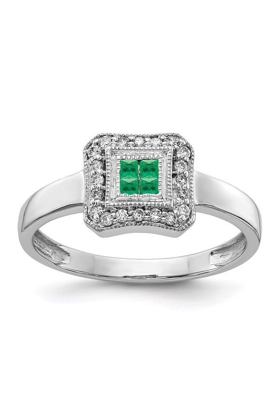 Fine Jewelry 14K White Gold Square Design Emerald and Diamond Ring for Women Size 7