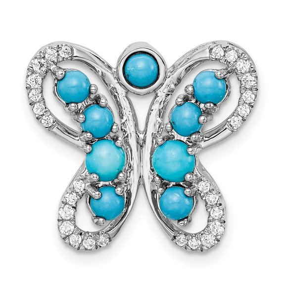 Auriga Fine Jewelry 14K White Gold Turquoise and White Topaz Butterfly Chain Slide Pendant for Women (L - 0.69 inch, W - 19.2 inch)