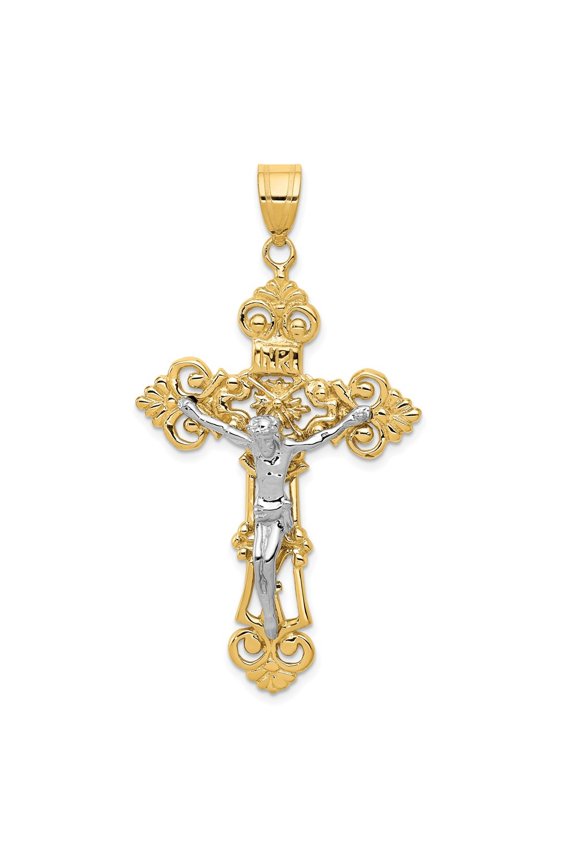 Fine Jewelry 14K White-Yellow Gold Inri Fleur De Lis Crucifix Cross Pendant for Women (L-57 mm,W-31 mm)