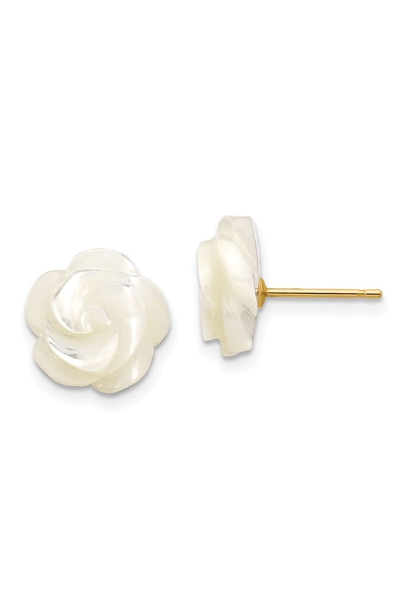 Fine Jewelry 14K Yellow Gold 10mm Mother of Pearl Flower Design Stud Earrings for Women