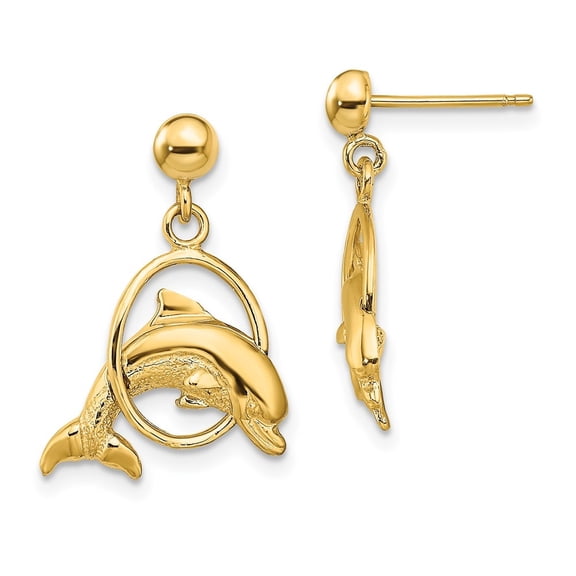 Auriga Fine Jewelry 14K Yellow Gold 2-D Dolphin Jumping Through Dangle Earrings for Women(L-22.5mm, W-14.75mm)