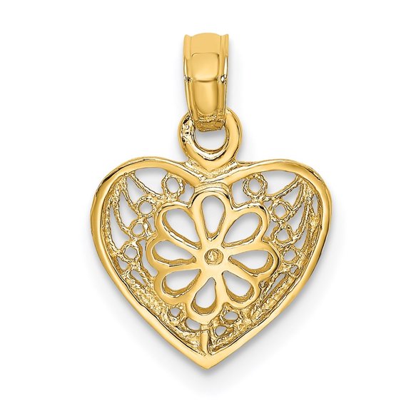 Auriga Fine Jewelry 14K Yellow Gold 2-D Filigree Heart w/ Flower Design Charm Pendant (L - 14.6mm, W - 11.6mm) for Women