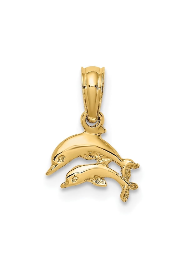 Fine Jewelry 14K Yellow Gold 2-D Mini Double Dolphins Swimming Charm (L- 6.75 mm, W - 9.45 mm)