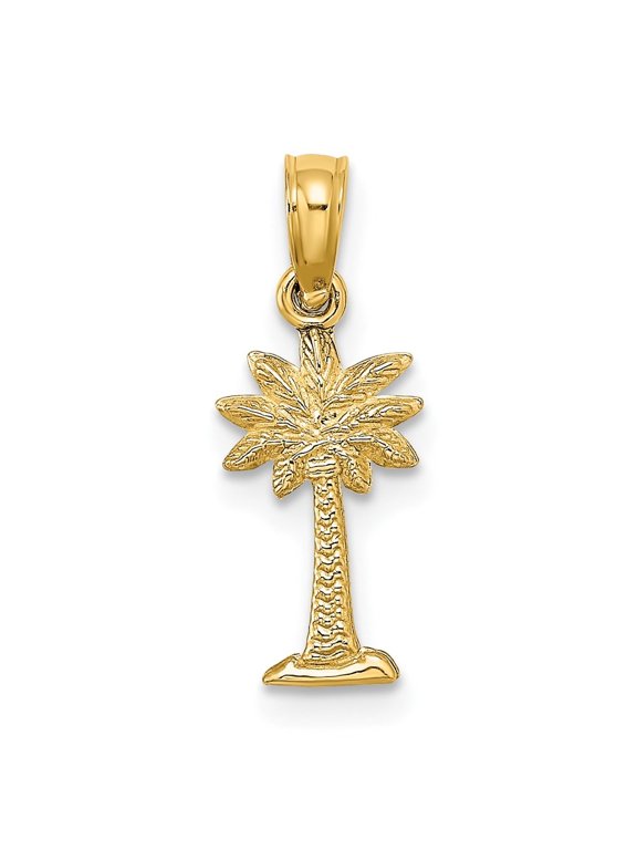 Fine Jewelry 14K Yellow Gold 2-D Textured Mini Palmetto Palm Tree Charm (L - 12.4 mm, W - 7.1 mm)