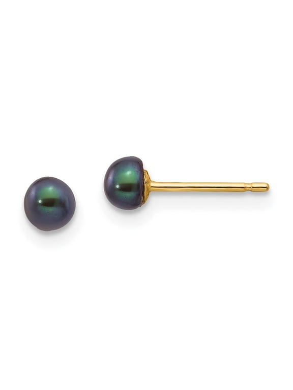 Fine Jewelry 14K Yellow Gold 3-4mm Black Button Pearl Stud Earrings for Women