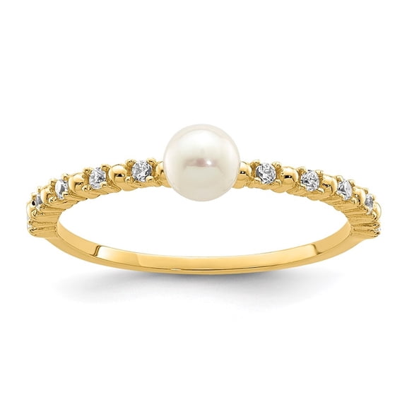Auriga Fine Jewelry 14K Yellow Gold 3-4mm White Button FWC Pearl CZ Ring for Women Size- 4