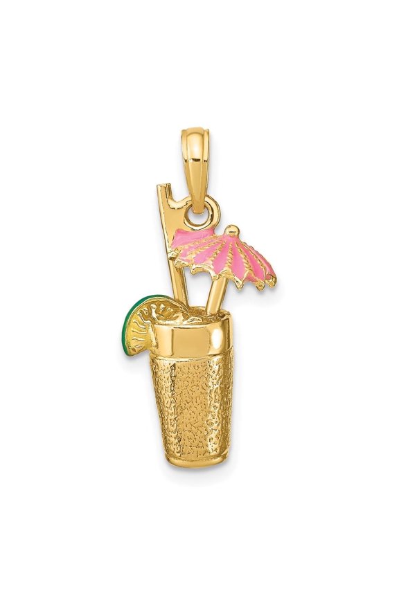 Fine Jewelry 14K Yellow Gold 3-D Cocktail Drink w/Pink Enamel Umbrella Charm for Women