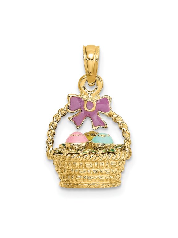 Fine Jewelry 14K Yellow Gold 3-D Enameled Easter Basket w/Bow and Eggs Charm for Women