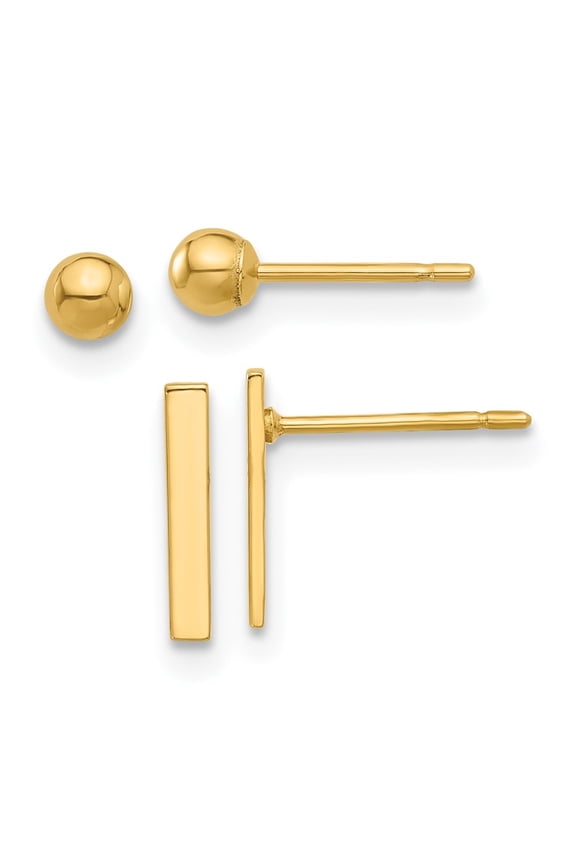 Fine Jewelry 14K Yellow Gold 3mm Ball Bar Stud Earring Set for Women