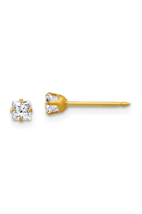 Fine Jewelry 14K Yellow Gold 3mm Square Cubic Zirconia Stud Earrings for Women