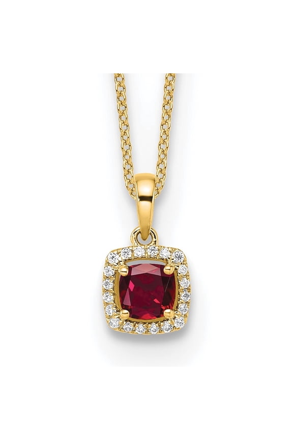 Fine Jewelry 14K Yellow Gold 5 mm Lab Grown Diamond and Created Ruby Pendant Necklace for Women 18"