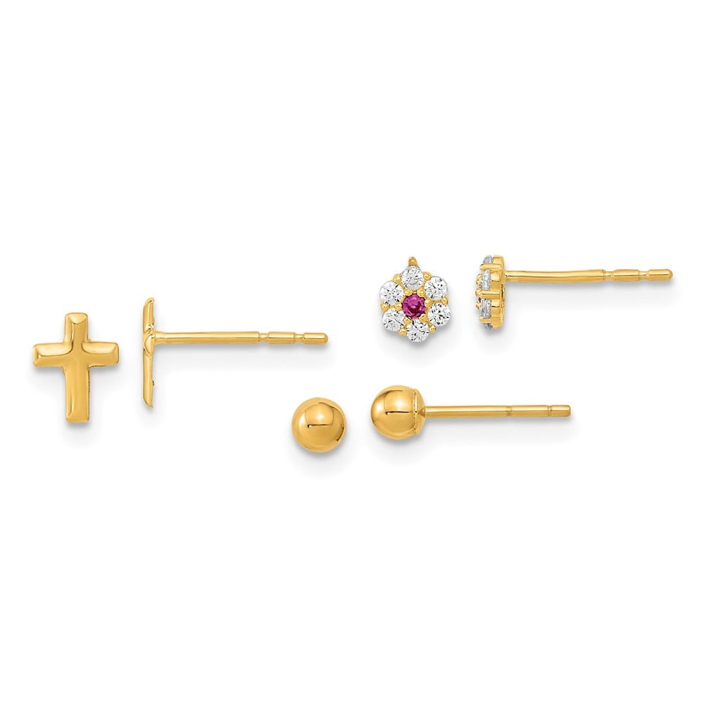 Auriga Fine Jewelry 14K Yellow Gold Ball CZ Flowers and Cross 3 Pair Stud Set Earrings for Women (L 6mm, W- 4.68mm)