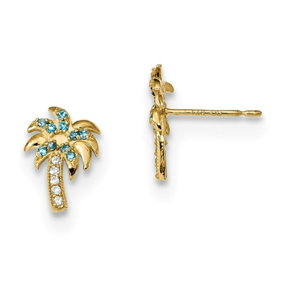 Auriga Fine Jewelry 14K Yellow Gold Blue CZ Palm Tree Stud Earrings for Women (L-11.2mm, W-7.6mm)