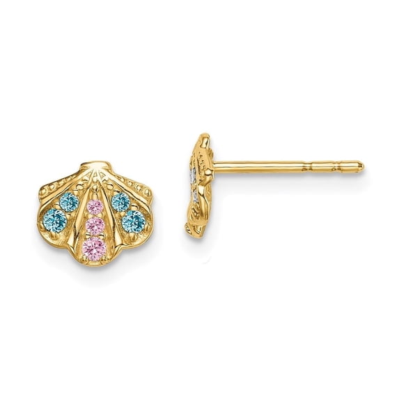 Auriga Fine Jewelry 14K Yellow Gold Blue and Pink CZ Seashell Stud Earrings for Women