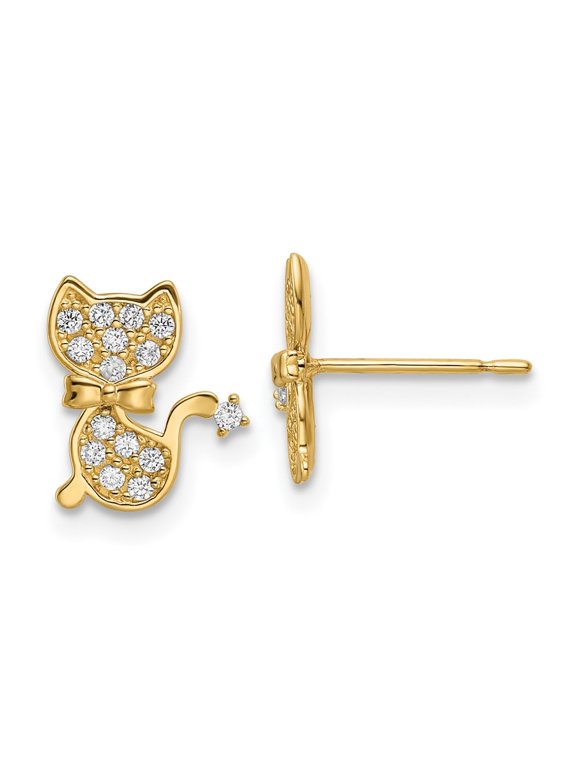 Fine Jewelry 14K Yellow Gold CZ Cat Stud Earrings for Women (L- 10mm, W- 9mm)