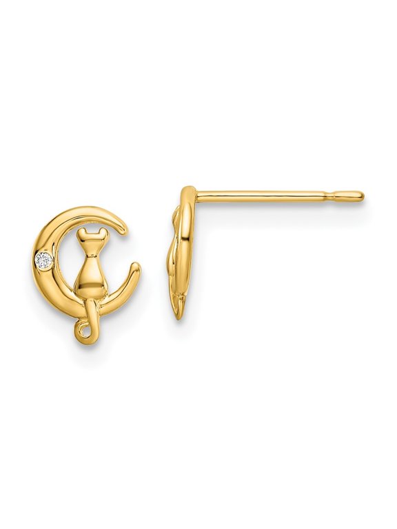 Fine Jewelry 14K Yellow Gold CZ Cat on the Moon Stud Earrings for Women (L- 7.62mm, W- 5.75mm)