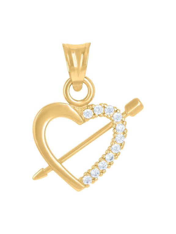 Fine Jewelry 14K Yellow Gold CZ Cupid's Arrow Heart Charm Pendant (L- 19.9mm, W- 15.2mm) for Women