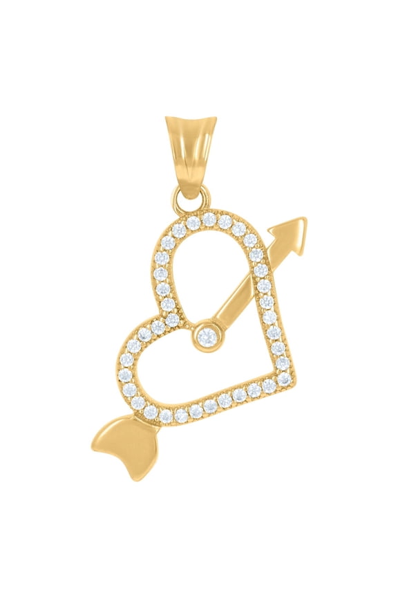 Fine Jewelry 14K Yellow Gold CZ Cupid's Arrow Heart Charm Pendant (L- 26.9mm, W- 15.4mm) for Women