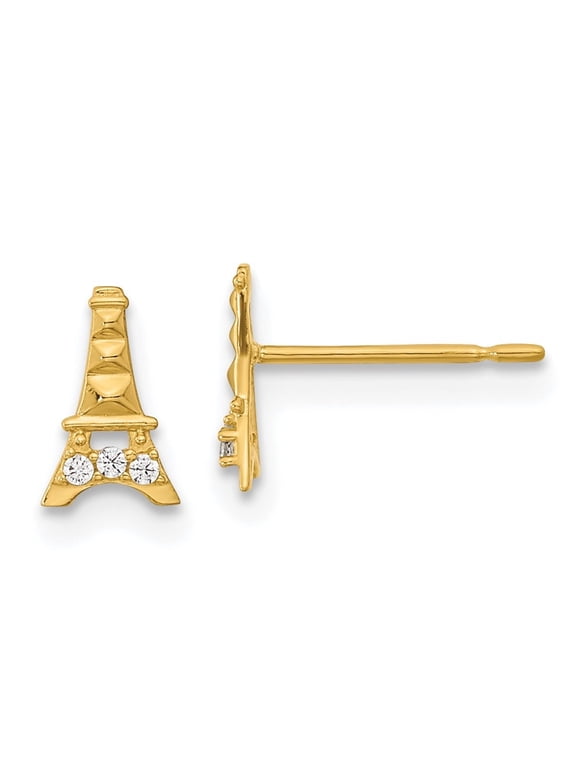 Fine Jewelry 14K Yellow Gold CZ Eiffel Tower Stud Earrings for Women