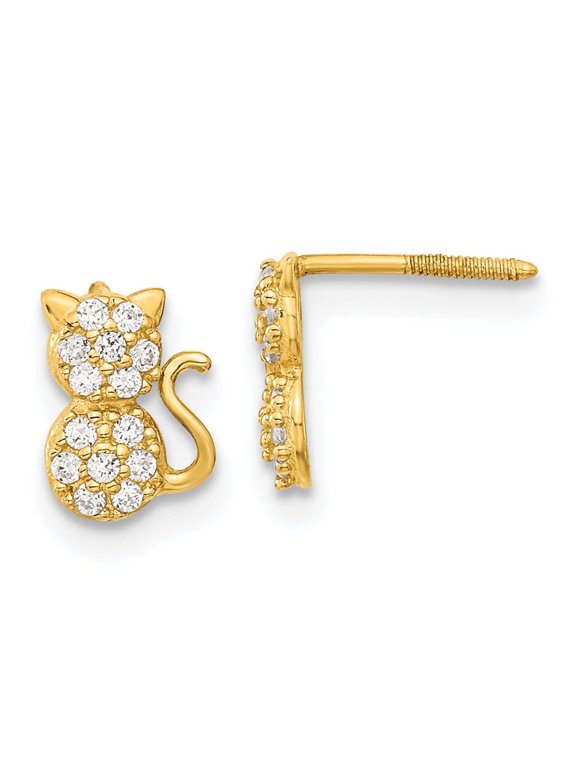 Fine Jewelry 14K Yellow Gold CZ Sitting Cat Stud Earrings for Women (L -7.88mm, W-5.8mm)