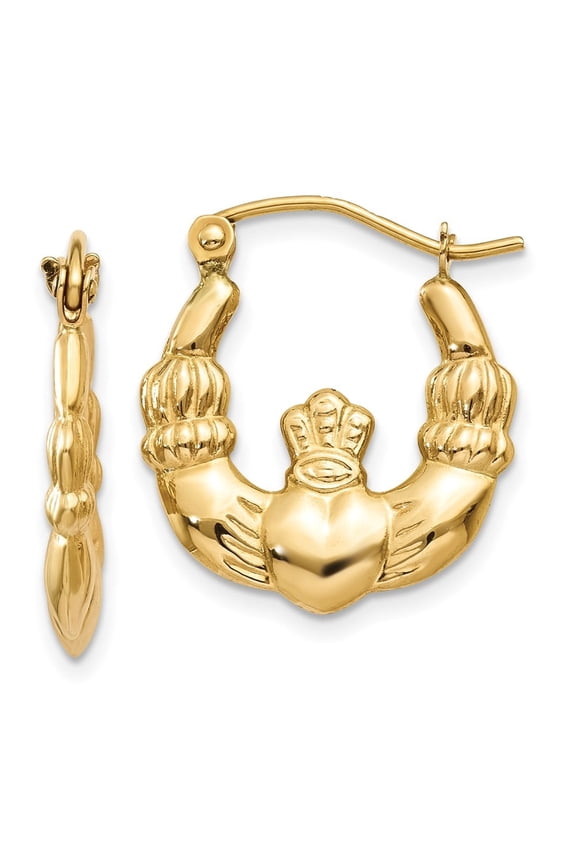 Fine Jewelry 14K Yellow Gold Claddagh Hoop Earrings for Women(L-10mm, W-2mm)