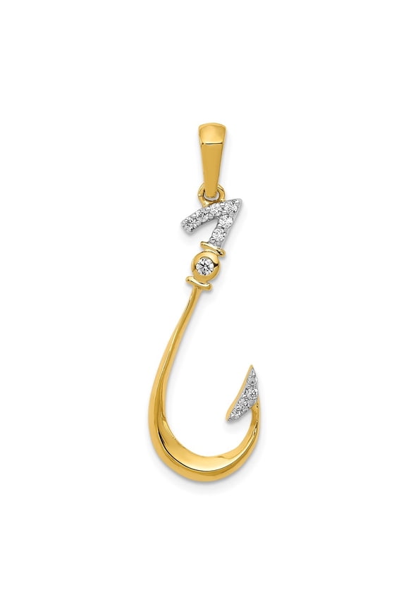 Fine Jewelry 14K Yellow Gold Diamond Fish Hook Pendant for Women (L - 1.39 inch)