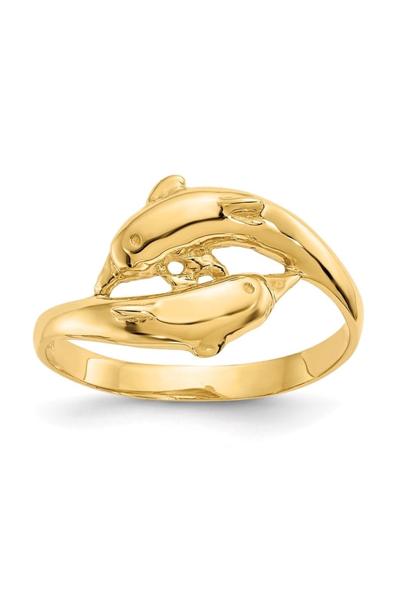 Fine Jewelry 14K Yellow Gold Double Dolphins Ring for Women Size 6.5