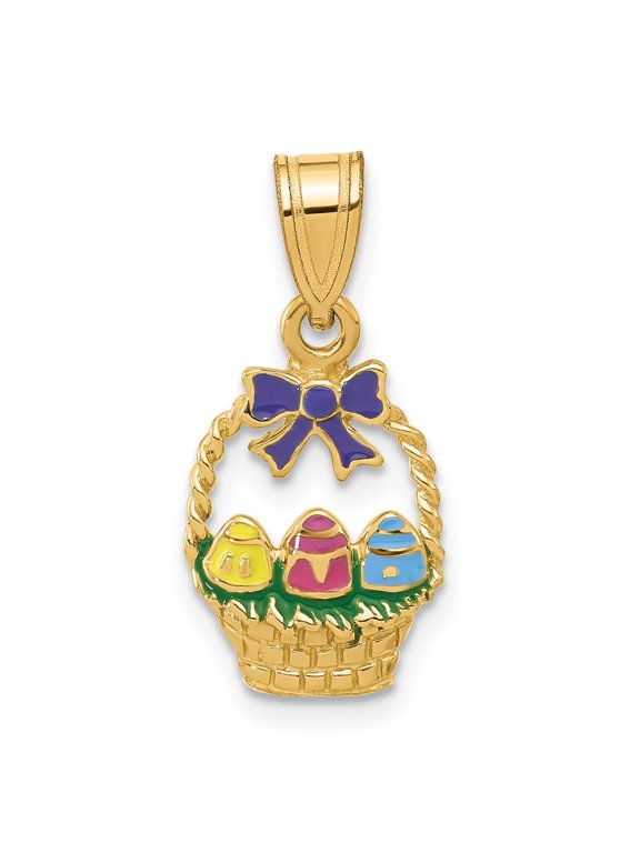 Fine Jewelry 14K Yellow Gold Enameled Easter Basket w/ Bow and Eggs Charm for Women