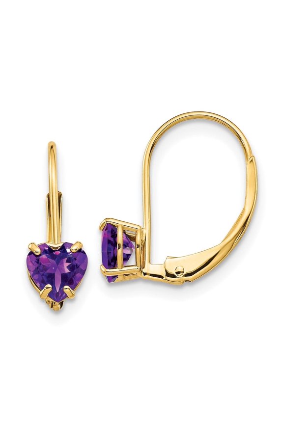 14K Yellow Gold Heart Amethyst Drop Earrings for Women