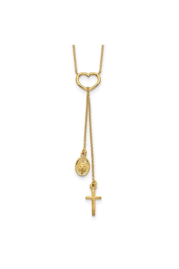 Fine Jewelry 14K Yellow Gold Heart with Cross Religious Medal Necklace 17" Valentine's Day Gift for Women