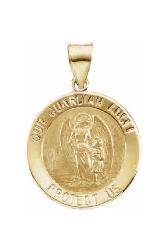 Fine Jewelry 14K Yellow Gold Hollow Round Guardian Angel Medal Pendant for Women (L- 18 mm)