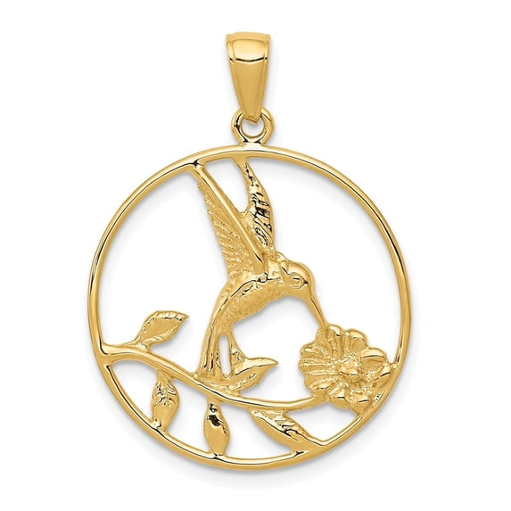 Auriga Fine Jewelry 14K Yellow Gold Hummingbird In Round Frame Pendant for Women (L-31 mm,W-23 mm)