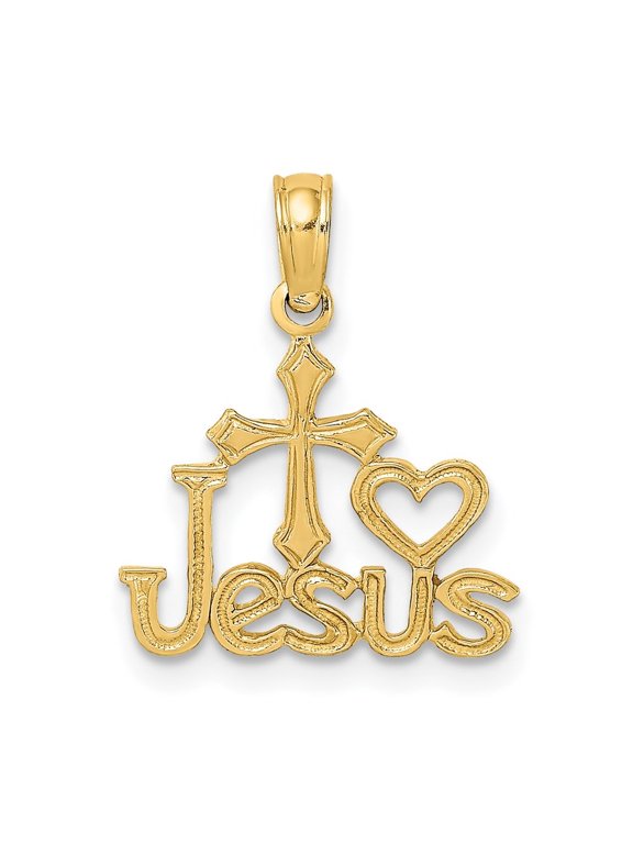 Fine Jewelry 14K Yellow Gold JESUS W/ Cross and Heart Charm (L - 17.2 mm, W - 14 mm) for Women