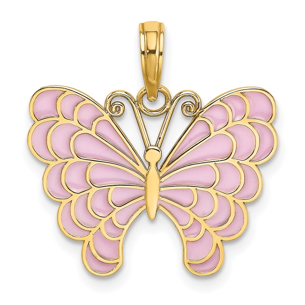 Auriga Fine Jewelry 14K Yellow Gold Lavender Enameled Butterfly Pendant for Women (L - 20.6 mm, W - 21.3 mm)
