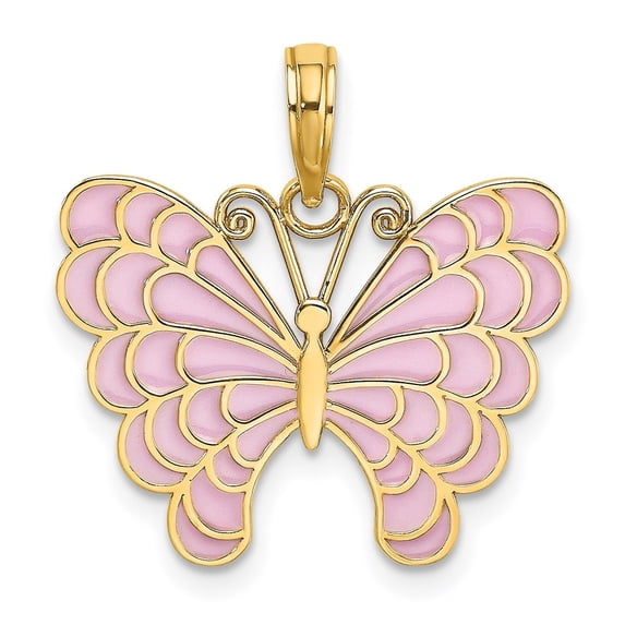 Auriga Fine Jewelry 14K Yellow Gold Lavender Enameled Butterfly Pendant for Women (L - 20.6 mm, W - 21.3 mm)