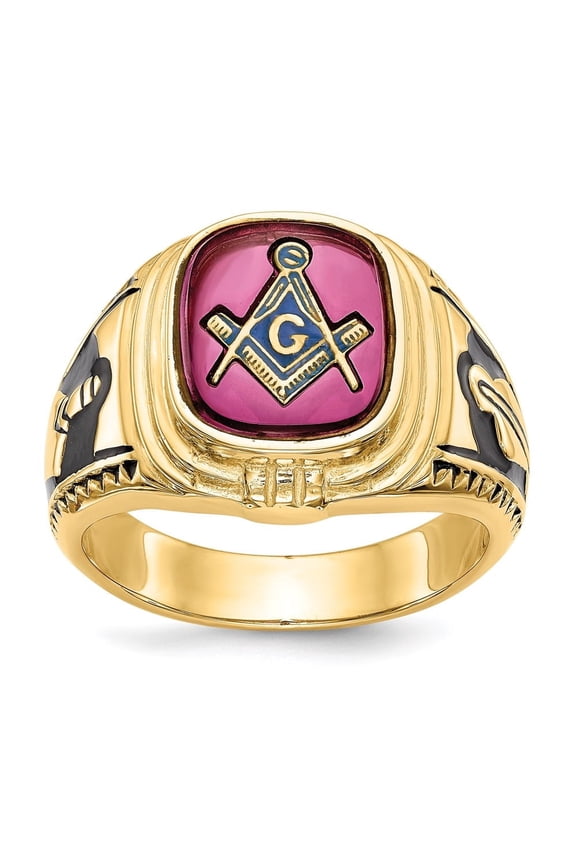 Fine Jewelry 14K Yellow Gold Men's Polished and Textured with Black Enamel and Lab Created Ruby Masonic Ring Size 10