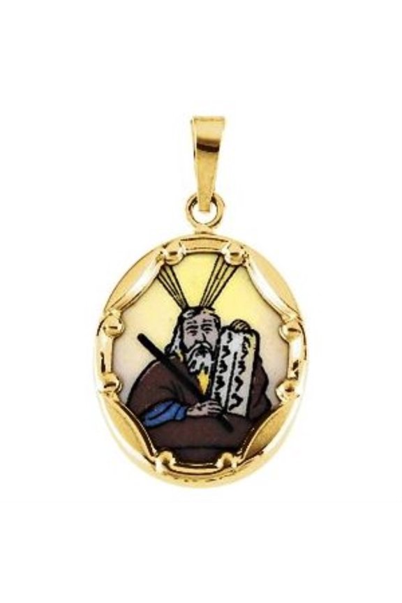 Fine Jewelry 14K Yellow Gold Moses Hand-Painted Porcelain Medal Pendant for Women (L- 17 mm, W- 13.5 mm)
