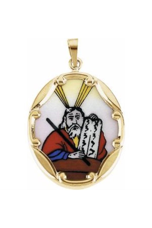 Fine Jewelry 14K Yellow Gold Moses Hand-Painted Porcelain Medal Pendant for Women (L- 25 mm, W- 19.5 mm)