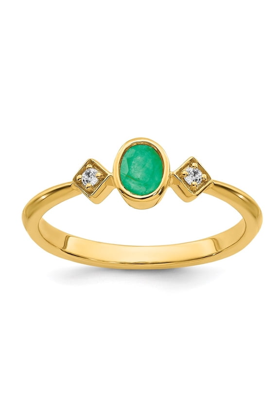 Fine Jewelry 14K Yellow Gold Oval Bezel Emerald and Diamond Ring for Women Size- 7