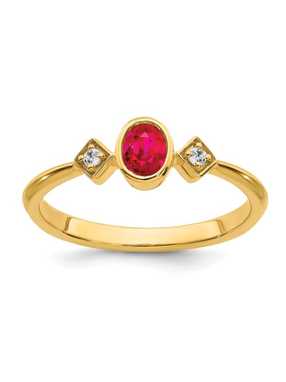Fine Jewelry 14K Yellow Gold Oval Bezel Ruby and Diamond Ring for Women Size- 7