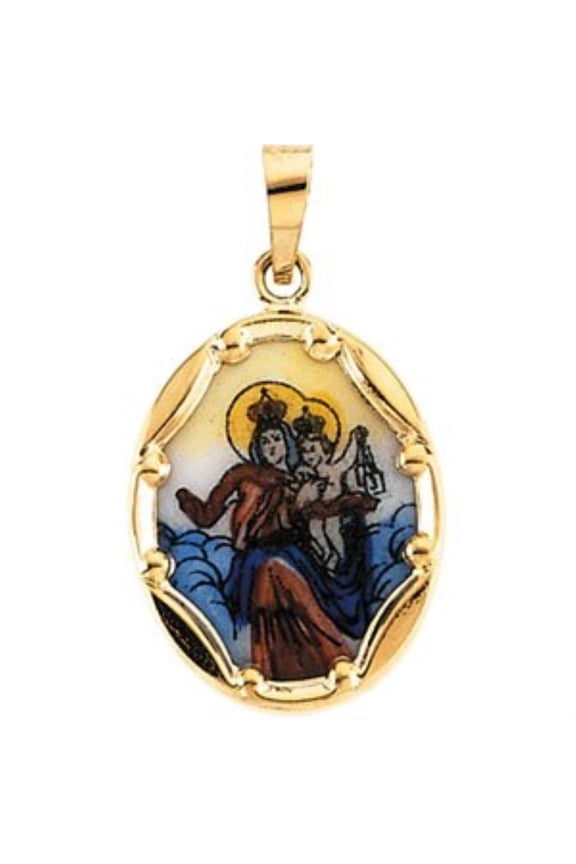 Fine Jewelry 14K Yellow Gold Oval Hand Painted Porcelain Scapular Medal Pendant for Women (L- 17 mm, W- 13.5 mm)
