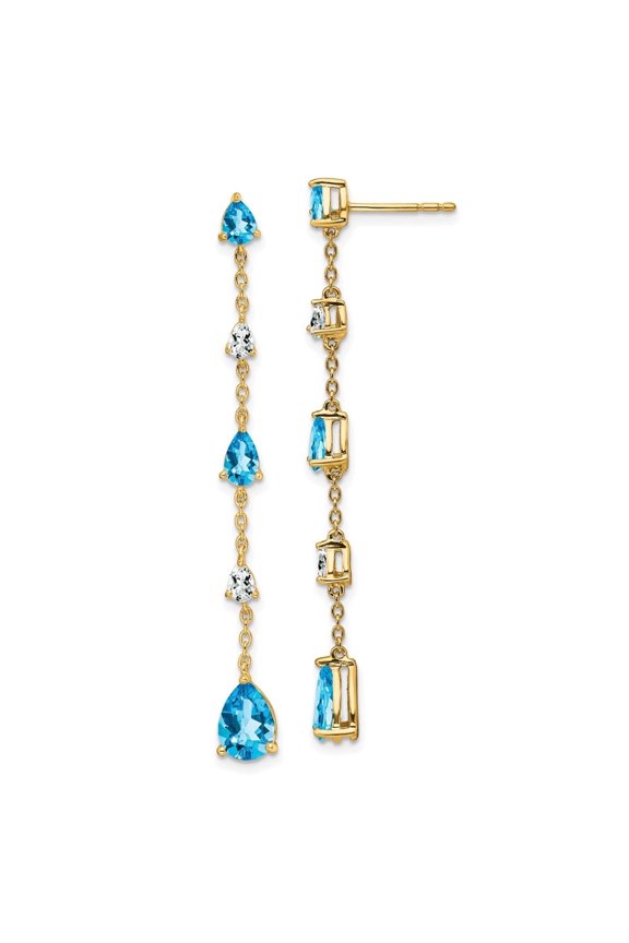 Fine Jewelry 14K Yellow Gold Pear Blue Topaz and White Topaz Dangle Earrings for Women